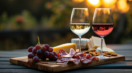 Naklejka premium Glasses of wine, cheese and snacks, gourmet picnic in vineyard