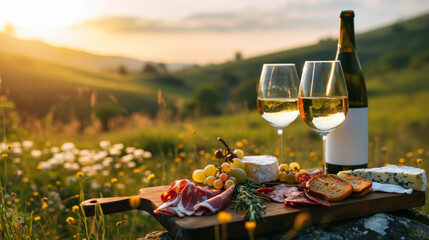 Picnic with white wine served outside with cheese and charcuterie, sunset light - obrazy, fototapety, plakaty