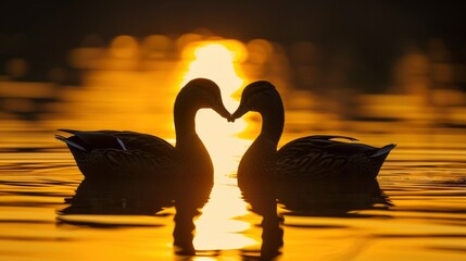 two ducks put their heads together to make a heart shape, sunset