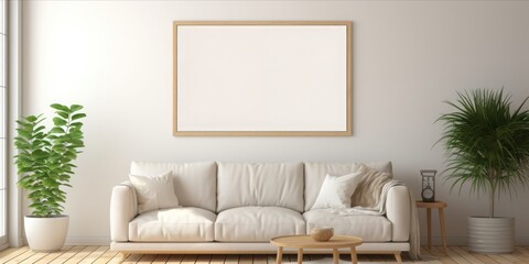 Modern Elegance: A Minimalistic Living Room Mockup Featuring an Empty Picture Frame Against a Crisp White Wall, Perfect for Showcasing Contemporary Interior Design