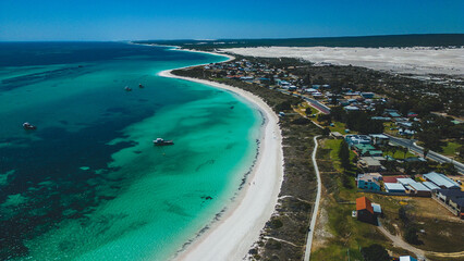 Beautiful aerial view of turquoise ocean and white sandy beach on coastline of Lancelin - Western...