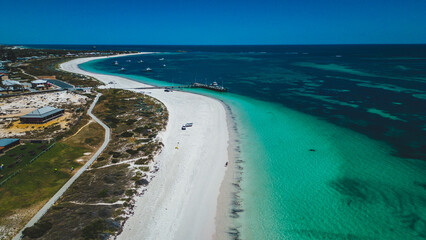 Stunning aerial view of the clear turquoise ocean and white sandy beach in Lancelin town - Western  Australia