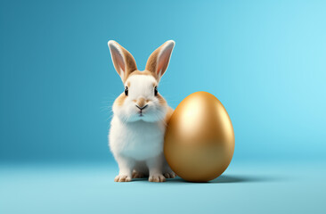 Obraz premium Adorable bunny with a golden easter egg on a blue background