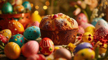  a muffin with frosting on top of it surrounded by colorful easter eggs and a bunch of fake flowers.
