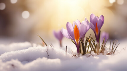 Purple Crocus spring flower growing in snow. Beautiful floral card with brilliant sparkling background. Generative AI - obrazy, fototapety, plakaty