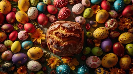  a loaf of bread sitting on top of a table surrounded by colorfully painted easter eggs and sunflowers. - obrazy, fototapety, plakaty
