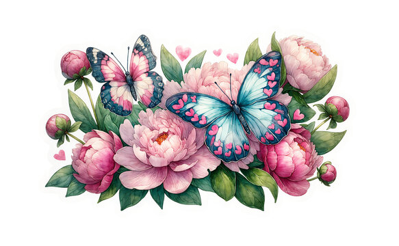Peonies and butterflies. Watercolor sticker design. Image for greeting card design for Valentine's Day or Mother's Day, for wedding invitations or anniversary cards. Print for home or nursery decor