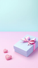 Gift box with ribbon and hearts on pastel pink and blue background.