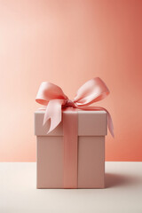 Gift box with pink bow on a white table and orange background.
