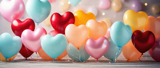 Colorful heart shaped balloons for Valentine's Day with bokeh background.