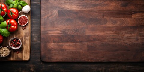 Top view of a dark wooden table with a cutting board.