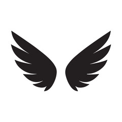 A black silhouette Angel or bird wing flat black icon Clipart on a white Background, Simple and Clean design, simplistic
