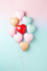 Colorful heart shaped balloons on pastel blue background with copy space.