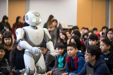 Futuristic AI robot teaching a class of students, merging education with artificial intelligence