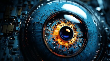 Close up of robot eye, Eyes with embedded technology chips.