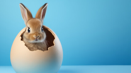 Cute brown bunny exit from a chocolate easter egg, copyspace
