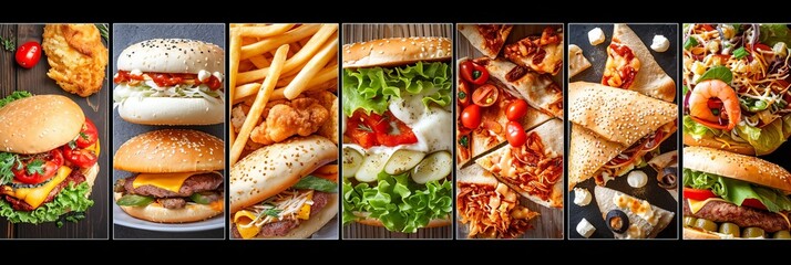 Fast food collage  divided with white vertical lines, 7  segments with bright white light