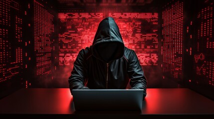 Hacker wear a hoodie using a laptop in the room overlay with source code hologram. the concept of cybersecurity. - obrazy, fototapety, plakaty