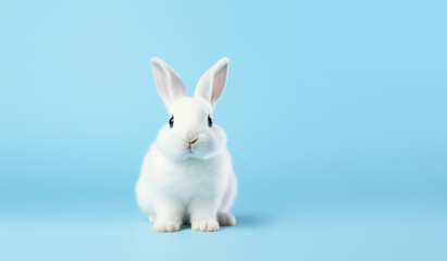 Cute white bunny isolated on a light blue background