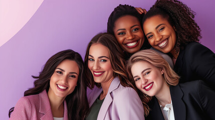 Women's Equality Day photoshoot, International Women's day photoshoot, group of diverse multiracial and multi ethnic female colleagues smiling - obrazy, fototapety, plakaty