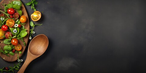 Vegetarian food concept with wooden spoon and dark background.