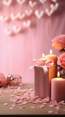 Beautiful composition with candles, roses and gifts on table on light background.