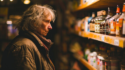 Unhealthy female alcoholic looking at shelves with liquor - obrazy, fototapety, plakaty