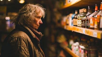 Selbstklebende Fototapeten Unhealthy female alcoholic looking at shelves with liquor © Kondor83