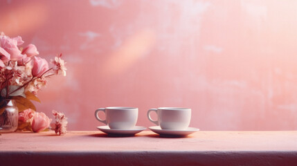 Coffee cup on wood table with pastel color wall background