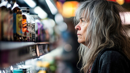 Unhealthy female alcoholic looking at shelves with liquor - obrazy, fototapety, plakaty