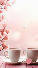 Obraz na płótnie Canvas Two cups of coffee and pink magnolia flowers on pink wooden background