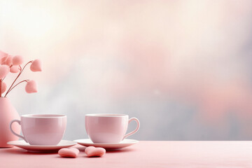 Fototapeta premium Two cups of coffee with marshmallows on a pink background .