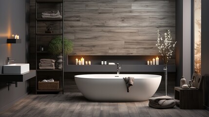 Fototapeta na wymiar Bathroom interior with bathtub and natural elements