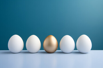 Four white eggs and one golden on a dark blue background