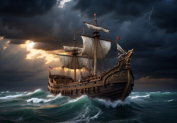 Old medieval ship, floating on waves on the ocean in a raging hurricane.