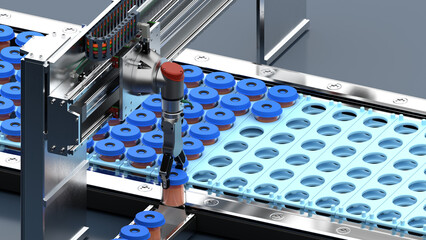 palletising robot, linear pickup and assembly for workpieces, sorting machine, 3d rendering
