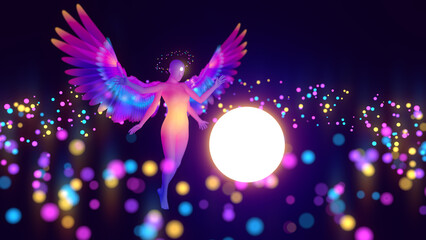 3d illustration of a divine angel among magic lights