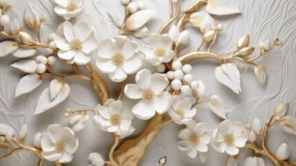 3d wallpaper floral tree with white flower leaves and golden stem