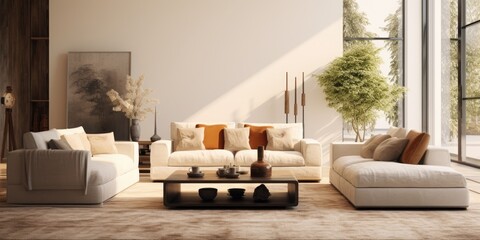 Trendy living room with carpet and sofas.