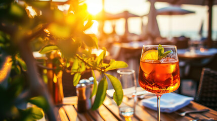 Aperol Spritz cocktail server on cafe patio, summer sunset