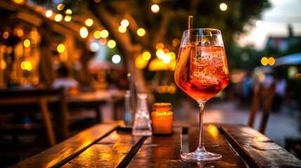 Aperol Spritz cocktail on restaurant table outside, summer night
