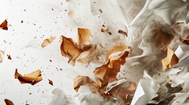  a lot of white and brown tissue paper flying in the air with a lot of white and brown tissue paper in front of it.