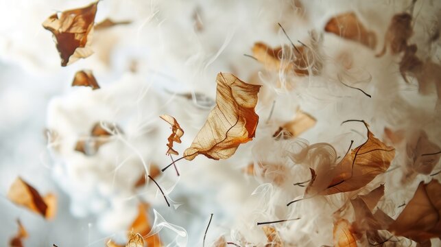  a close up of a bunch of leaves flying in the air with a blurry background of cotton floss.