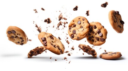 Falling broken chocolate chip cookies isolated on white background