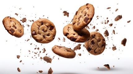 Falling broken chocolate chip cookies isolated on white background - obrazy, fototapety, plakaty