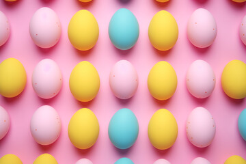 Pink yellow and blue easter eggs in a row on a pink background