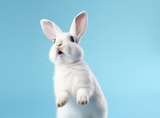 Obraz premium Surprised cute white bunny on a light blue background
