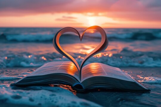 heart shape in book at sunset