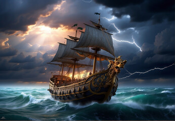 Fototapeta premium Old medieval ship, floating on waves on the ocean in a raging hurricane.