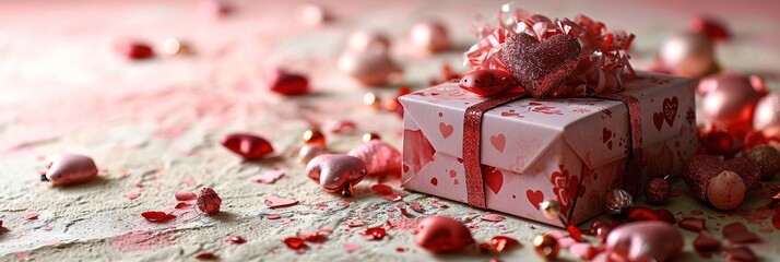 Pink gift box and festive hearts on a peach fuzz background. Valentine's Day, wedding or Birthday gift concept. - obrazy, fototapety, plakaty